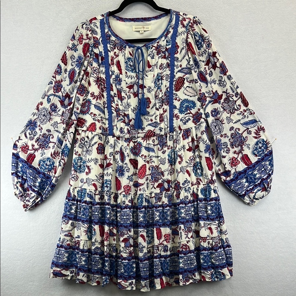 Penelope Rose Women’s Dress Sz M Cream/Blue/Red Rayon Tiered Skirt Boho EUC